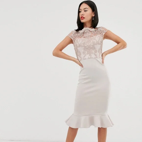 Chi Chi London | Dresses | New With Tags Chi Chi London Brand Lace Midi  Dress With Peplum Hem In Grey | Poshmark